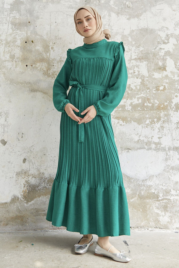 MDS Women Ruffle Trim Linen Dress with Puff Sleeves - Green - Arnold