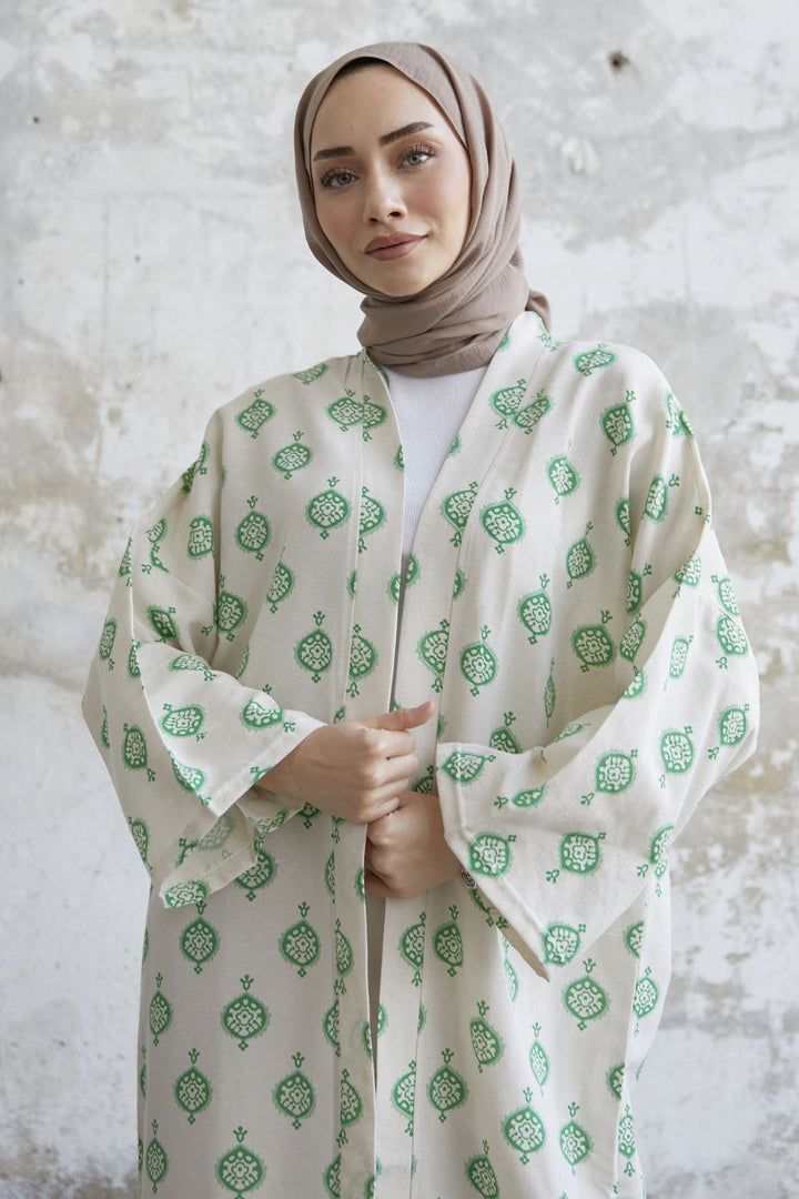 MDS Women Ethnic Pattern Long Kimono - Green - Land O Lakes
