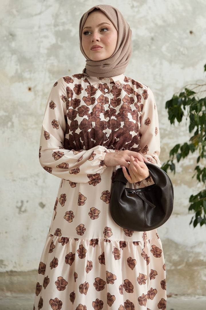MDS Women Half-Buttoned Brown Satin Dress - Linares