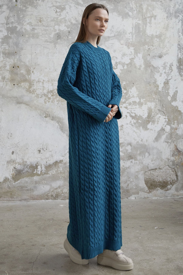 MDS Women Everly Knitted Patterned Sweater Dress - Petrol Green - Preston
