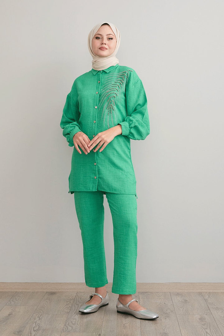MDS Women Leaf Stone Processing Green Linen Set - Berdiansk