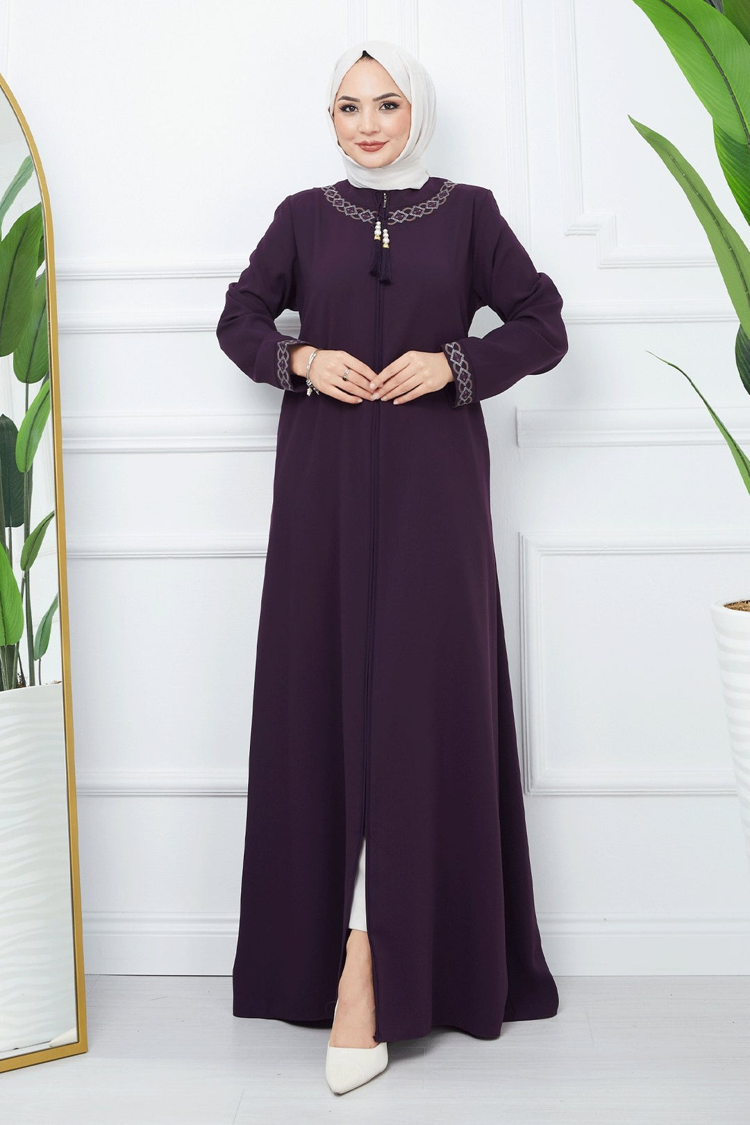 MDS Women Embroidered Pattern Honeycomb Fabric Ferace - Purple - Veenendaal