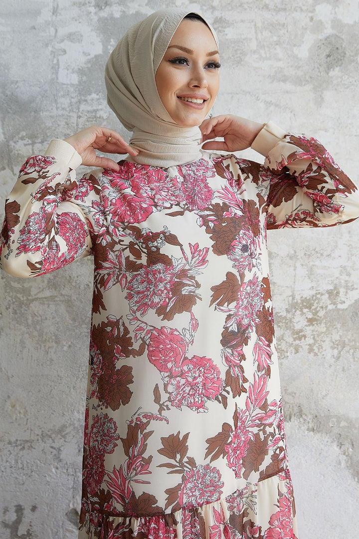 MDS Women Revina Flower Patterned Ruffle Chiffon Dress - Ecru - Santa Catarina Otzolotepec