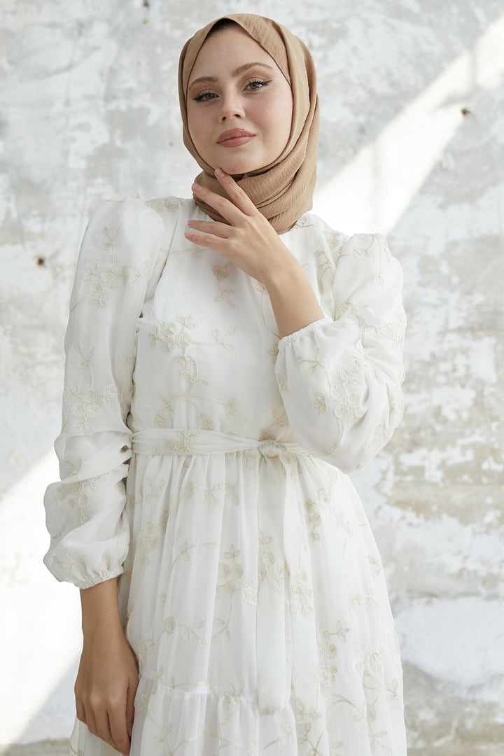 MDS Women Embroidered Ruffled Chiffon Dress - White - Mykolaiv