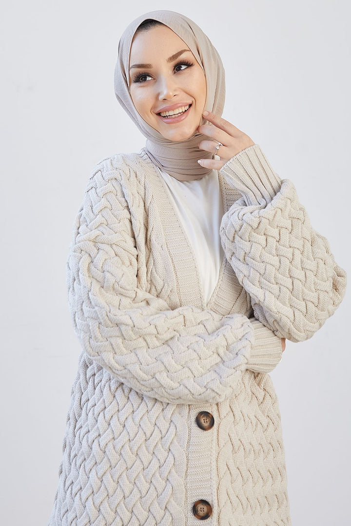 سترة MDS النسائية Arene طويلة مضفرة بأزرار - كريمي - هيرن