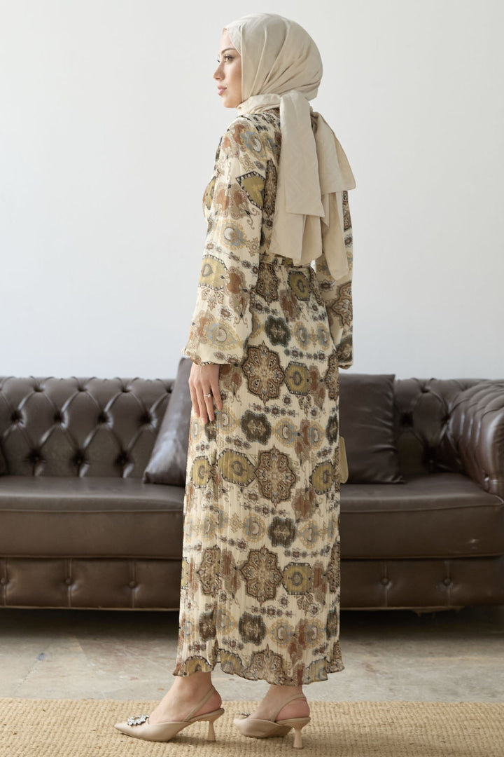 MDS Women Pleated Shawl Pattern Chiffon Dress - Khaki - Arden-Arcade