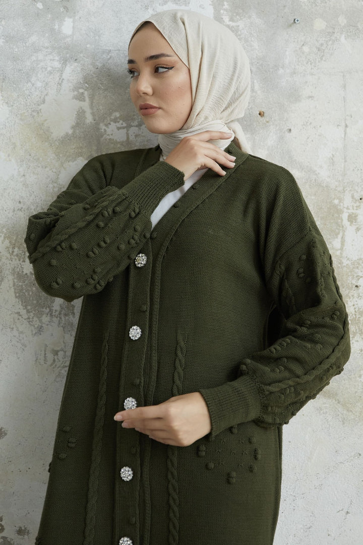 MDS Women Lomira Stone Button Detailed Knit Cardigan - Khaki - Elmhurst