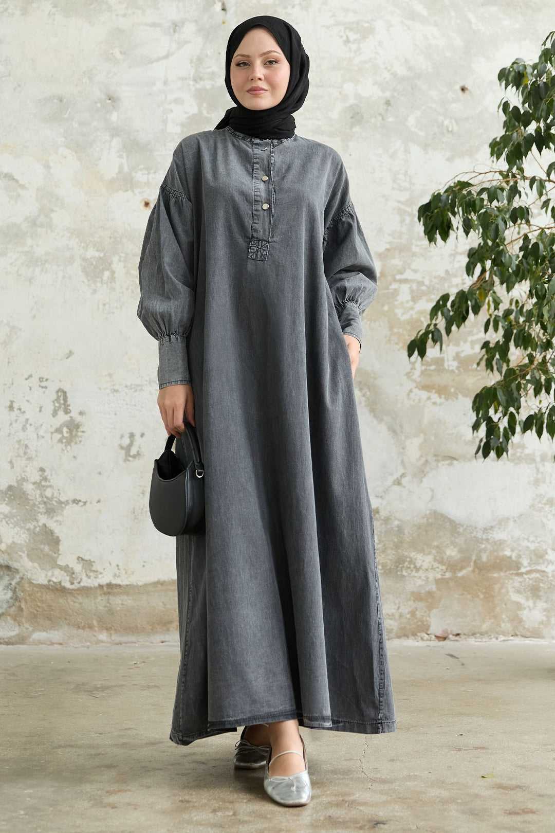 MDS Women Buttoned Cuffed Sleeve Grey Denim Dress - Penfield