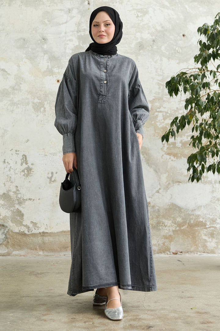 MDS Women Buttoned Cuffed Sleeve Grey Denim Dress - Penfield