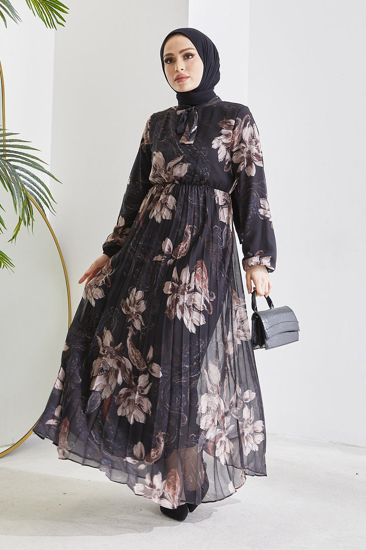 MDS Women Serena Flower Pattern Pleated Chiffon Dress - Black - Fondi