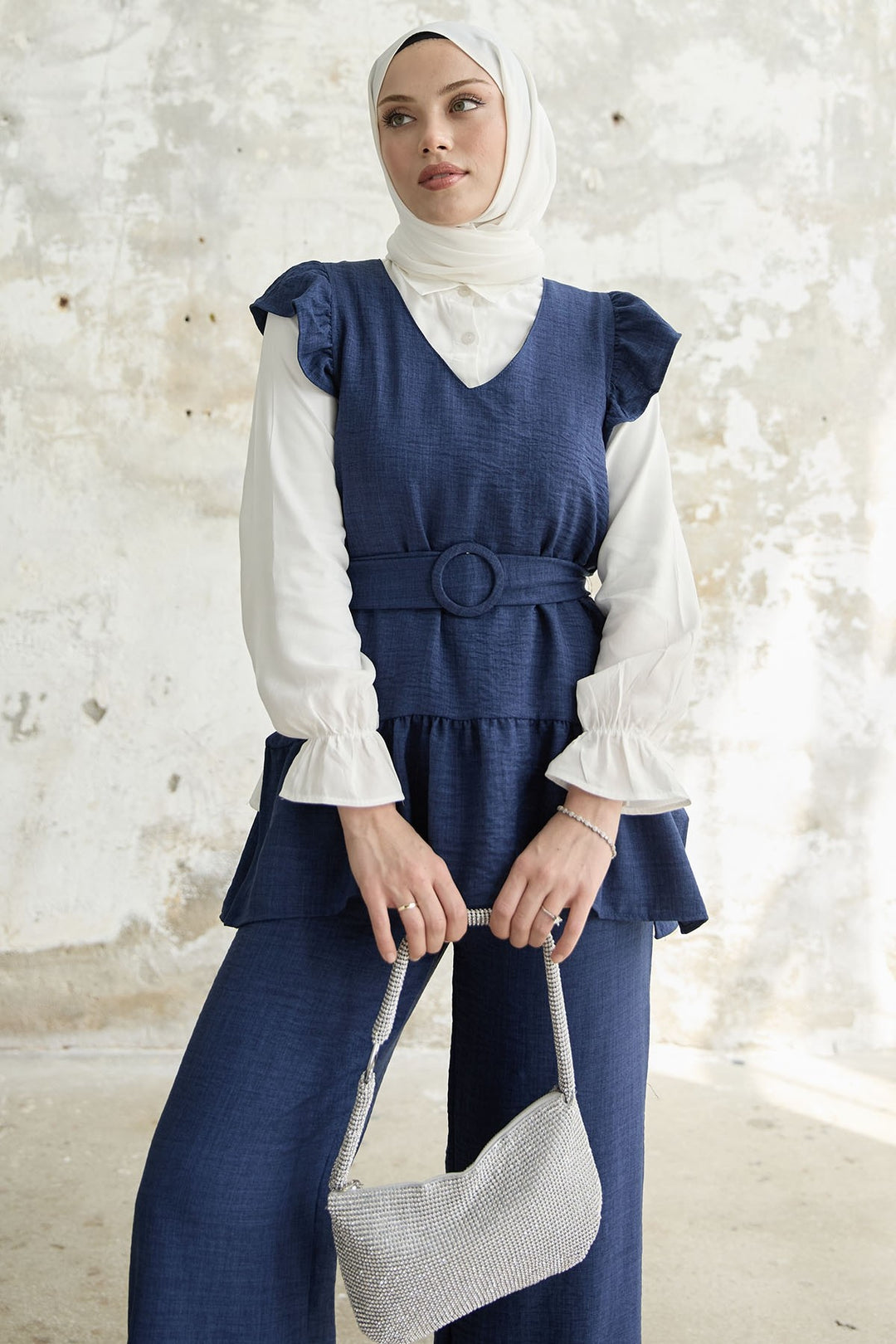 MDS Women Ruffled Shoulder Three Piece Set - Navy - Emsdetten