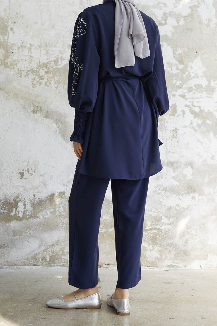 MDS Women Stone Detailed Balloon Sleeve Satin Set - Navy Blue - Wheaton
