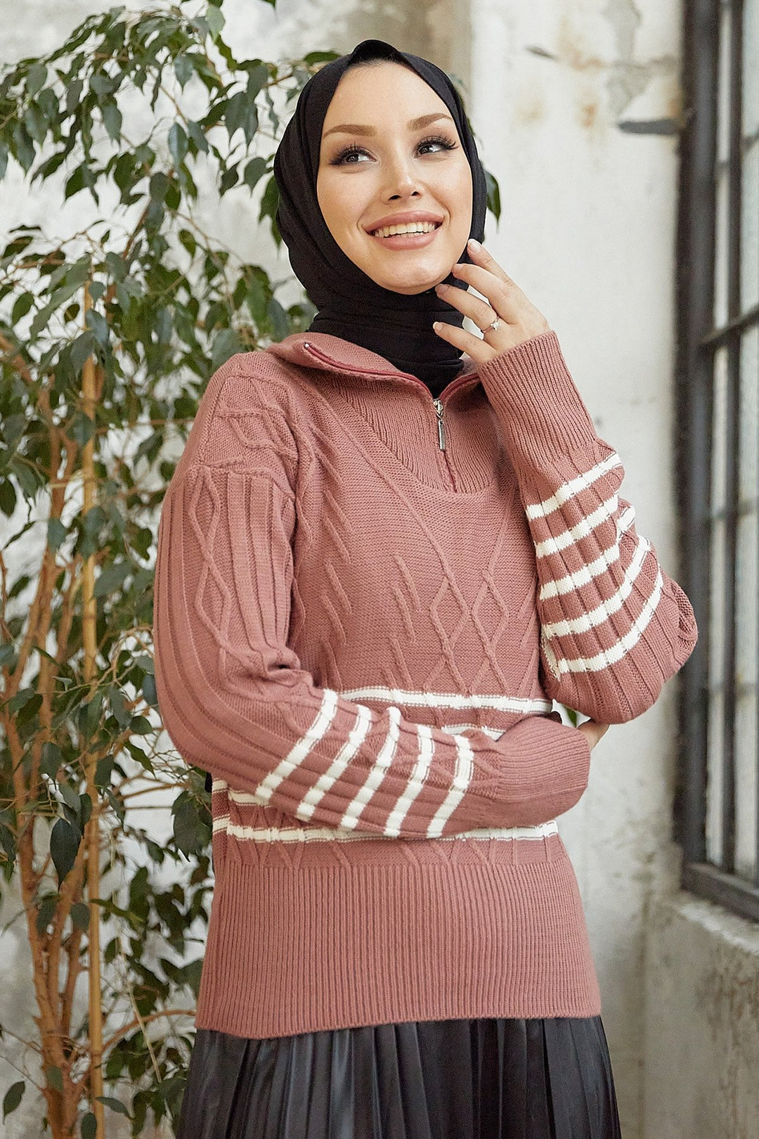 MDS Women Sova Neck Zippered Striped Knit Sweater - Rose Pink - Greenburgh