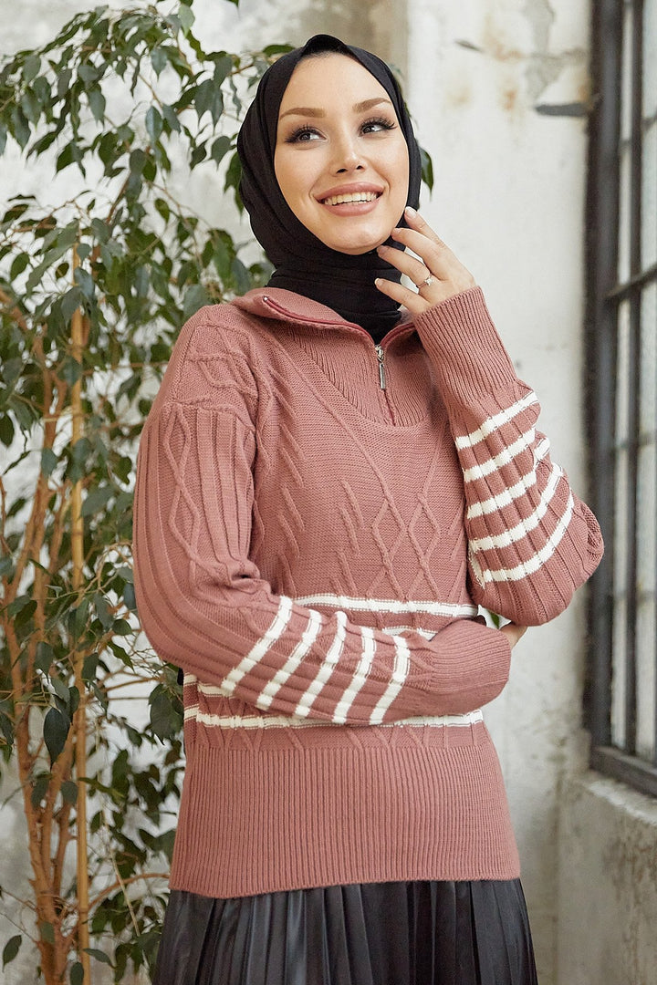 MDS Women Sova Neck Zippered Striped Knit Sweater - Rose Pink - Greenburgh