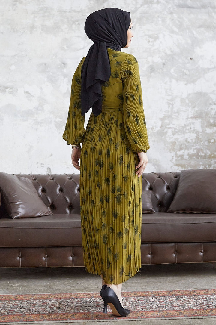 MDS Women Pale Sea Green Leaf Patterned Chiffon Dress - Olive Green - Bolingbrook