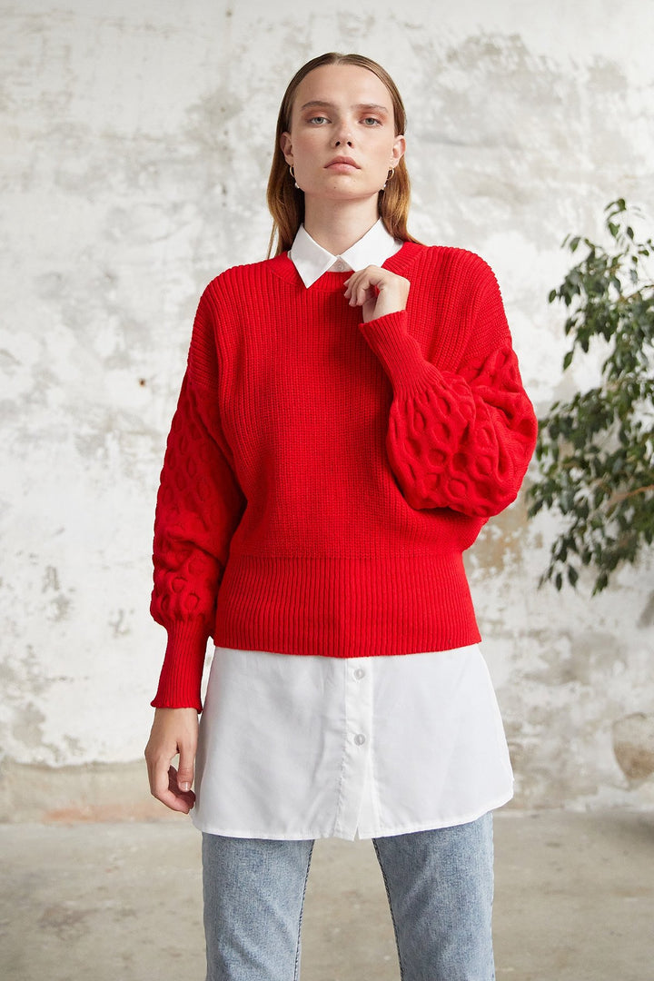 MDS Women Larisa Balloon Sleeve Sweater - Red - Mettmann