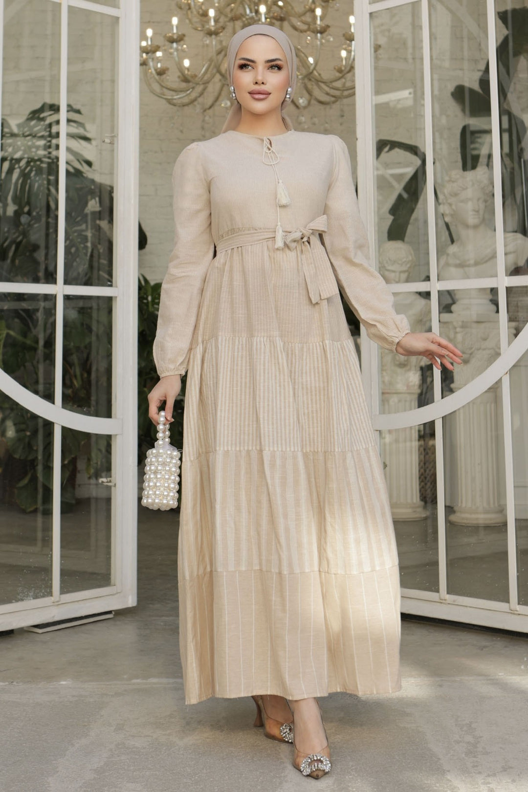 MDS Women Tassel Trim Striped Pattern Dress - Beige - Ahaus