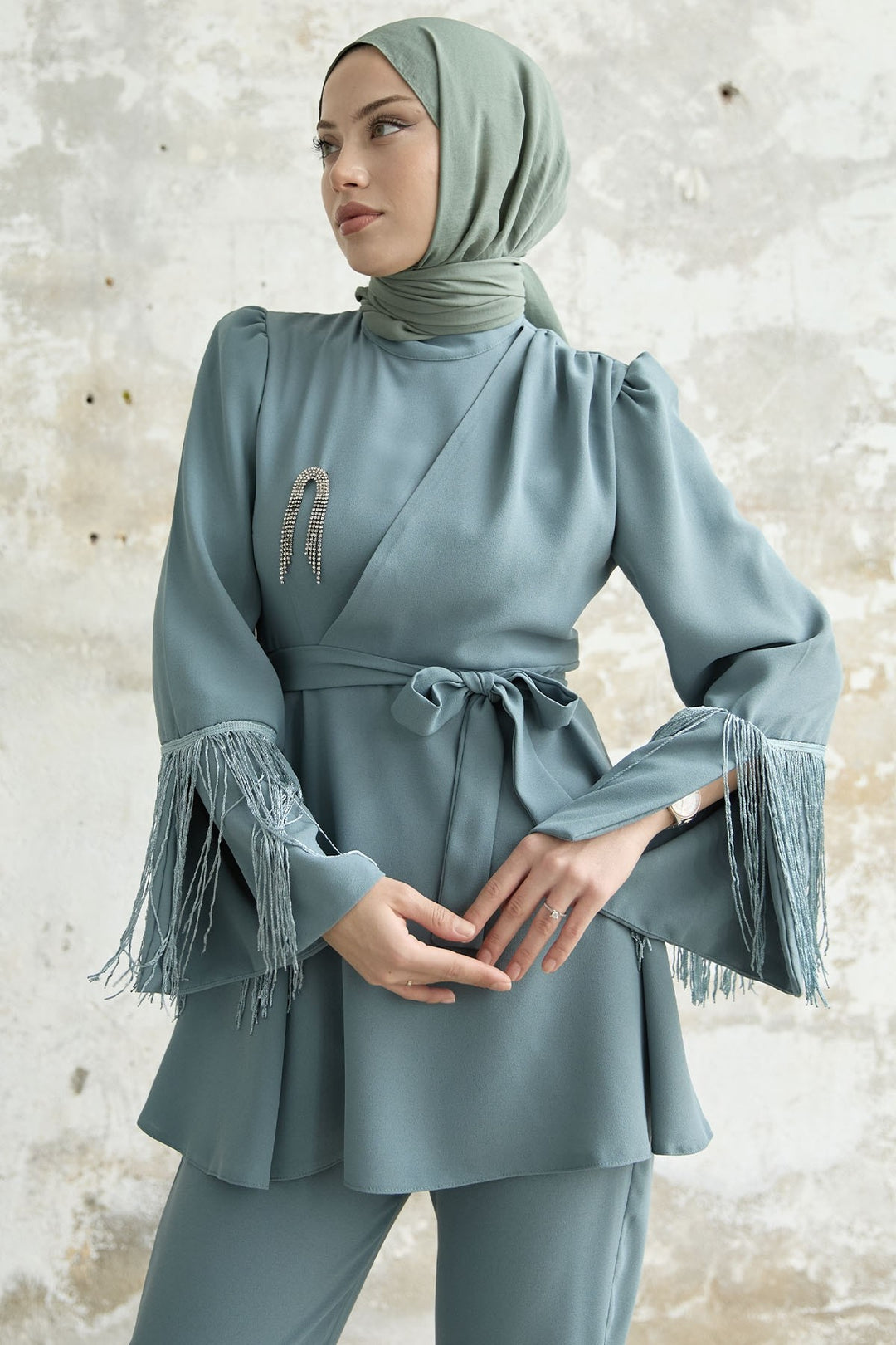 MDS Women Tasseled Sleeve Stone Crepe Set - Mint - Stockport
