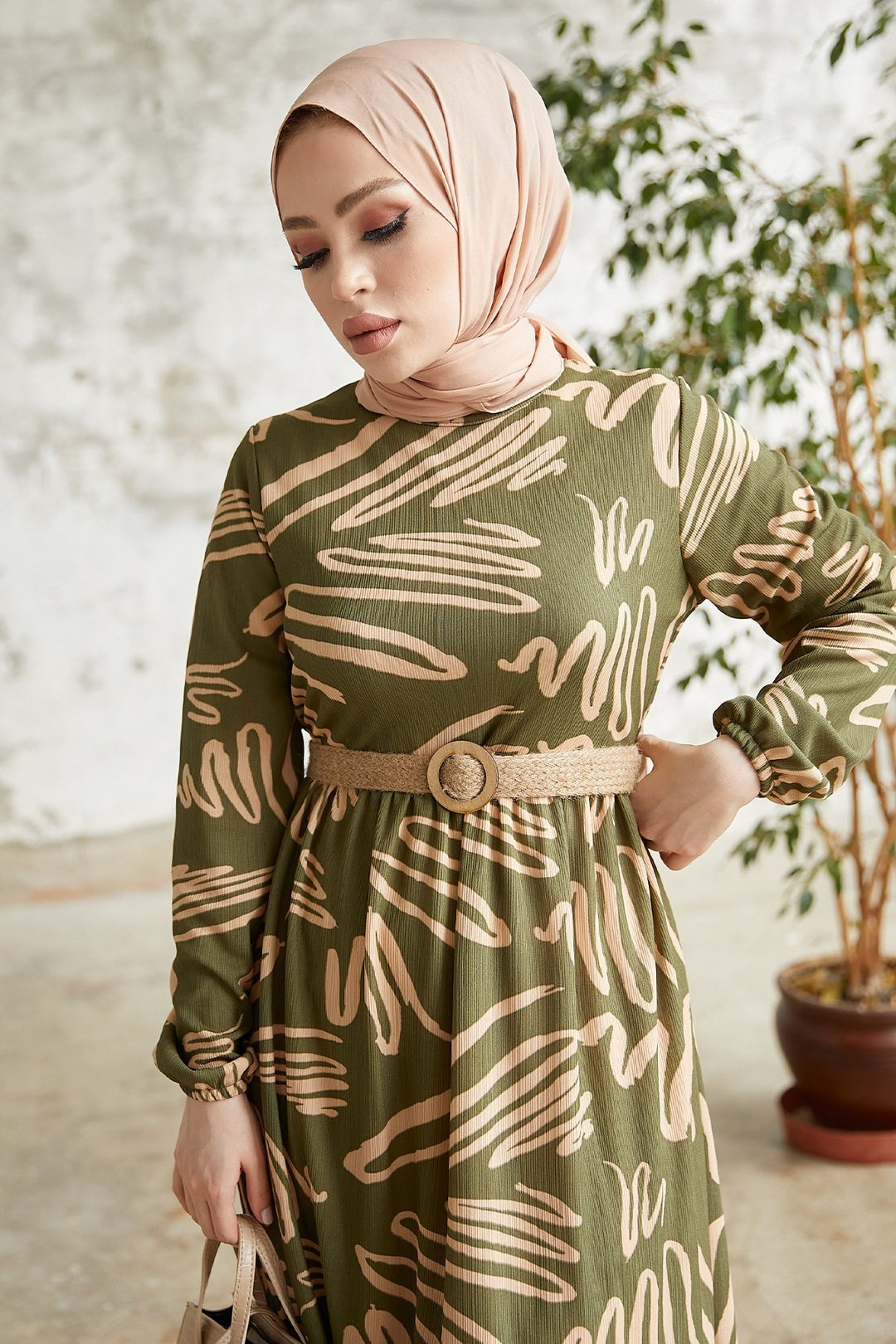 MDS Women Wicker Belted Dress with Vesa Pattern - Khaki - Ágios Dimítrios