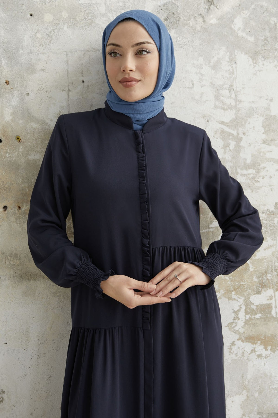 MDS Women Frilled Flared Asymmetric Cut Abaya - Navy Blue - Stolberg