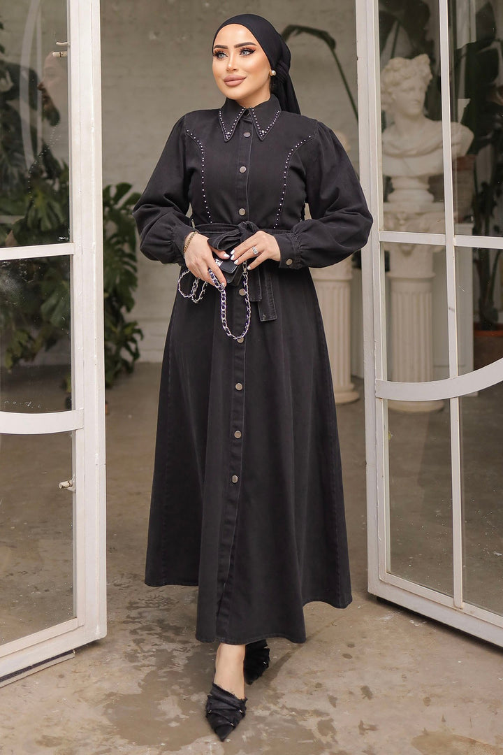 MDS Women Bead-Detailed Belted Denim Dress - Black - St. Charles