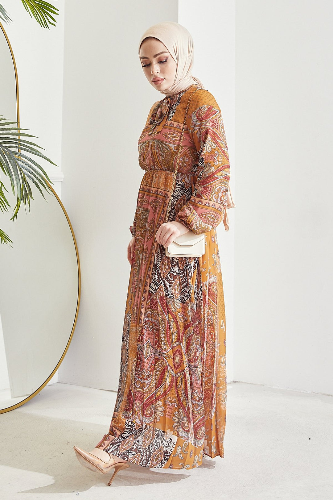MDS Women Elinor Shawl Patterned Chiffon Dress - Mustard - Tonalá