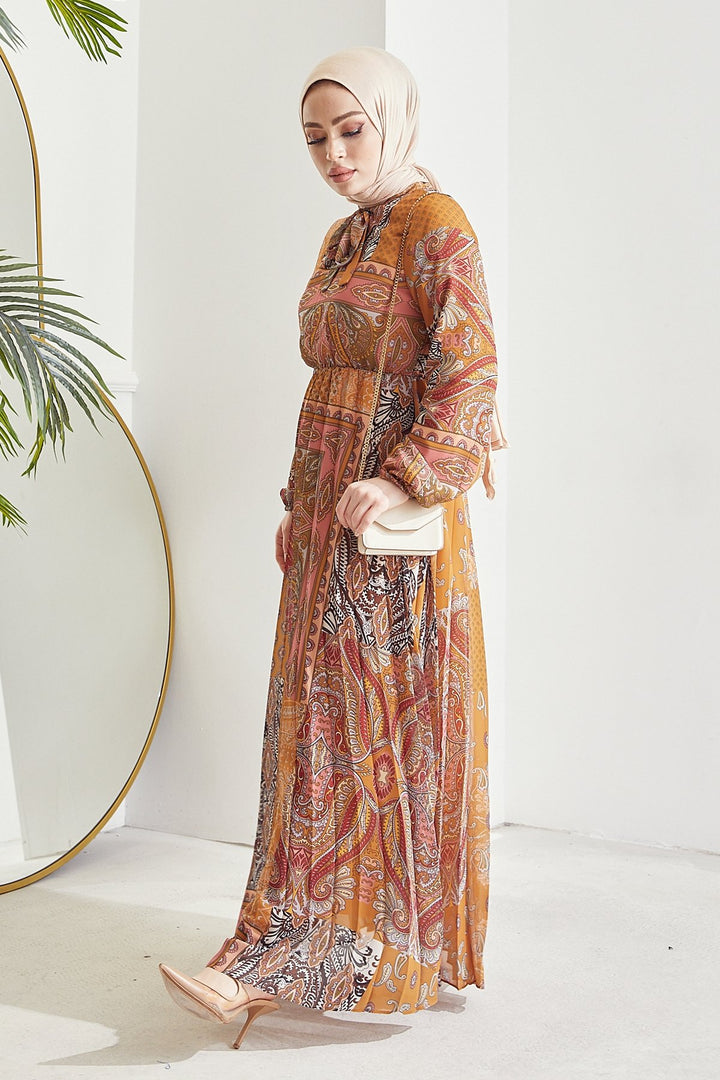 MDS Women Elinor Shawl Patterned Chiffon Dress - Mustard - Tonalá