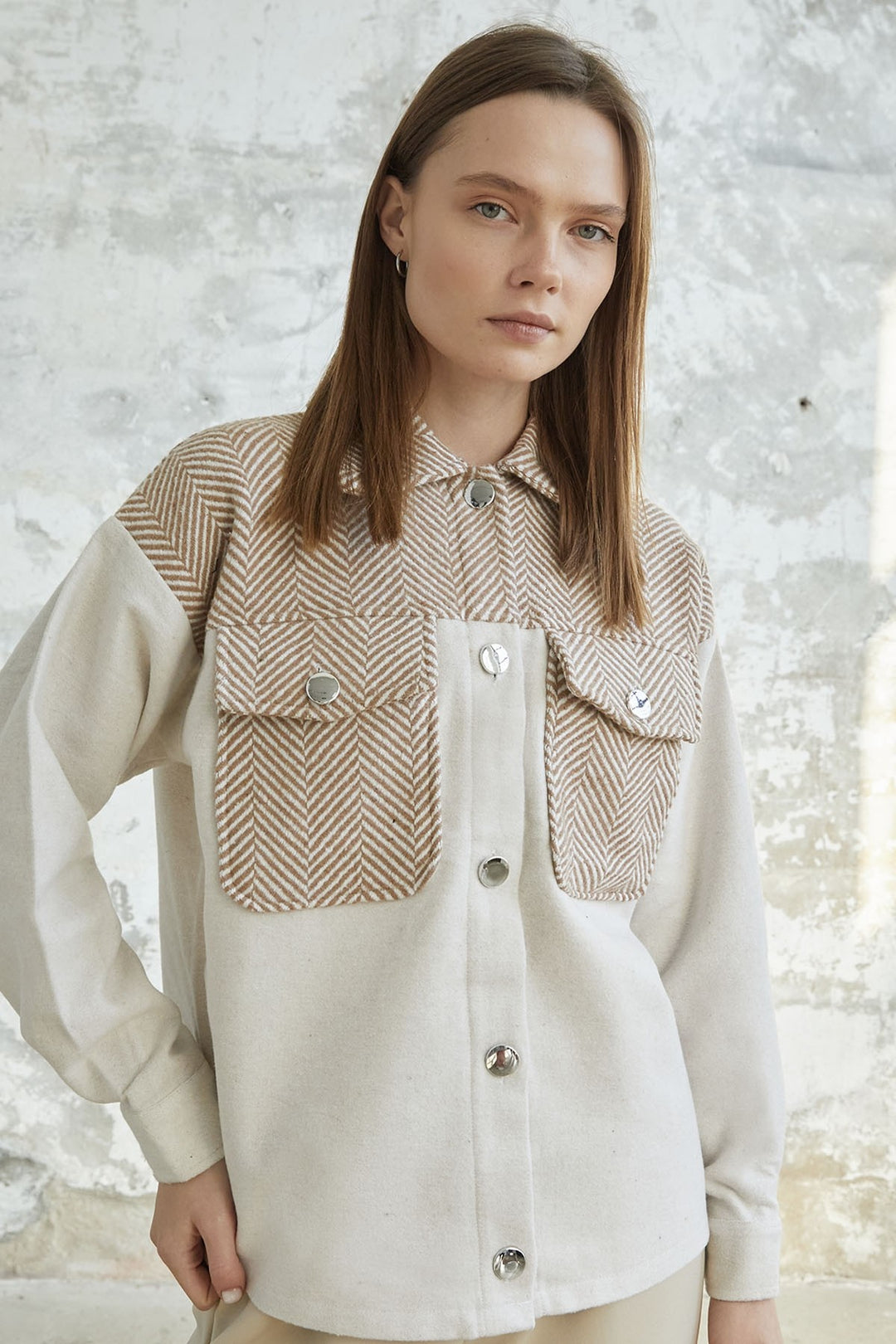 MDS Women Herringbone Patterned Pocketed Coat - Ecru - Chemnitz