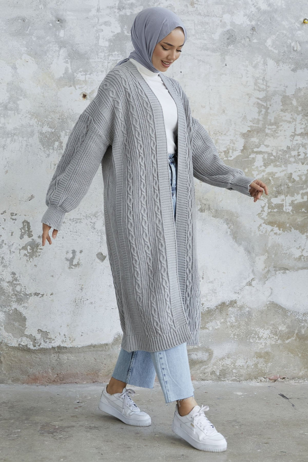 MDS Women Molly Chain Pattern Knit Cardigan - Grey - Herten