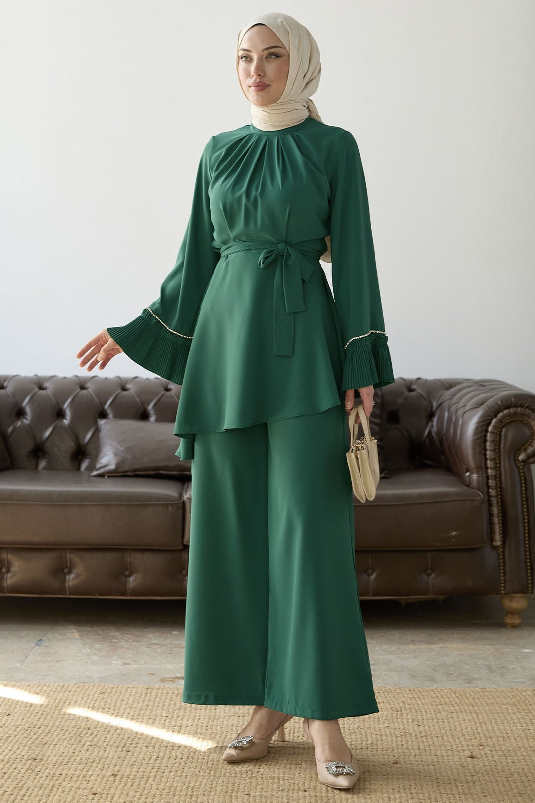 MDS Women Armchair Belted Two Piece Set - Emerald Green - Graz