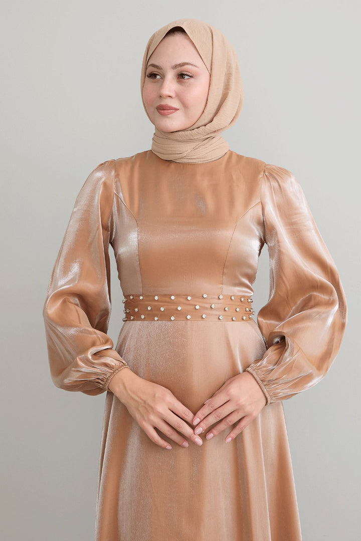 MDS Women Stone Belted Sparkly Brown Satin Dress - Culiacán