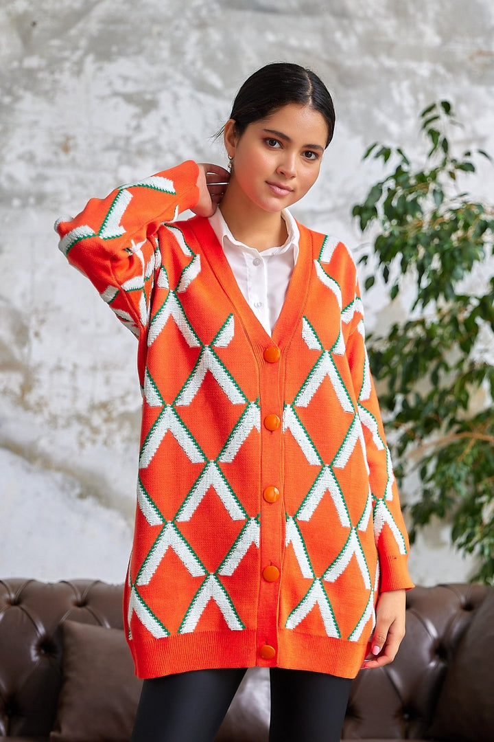 MDS Women V Patterned Loose Knit Cardigan - Orange - Portsmouth