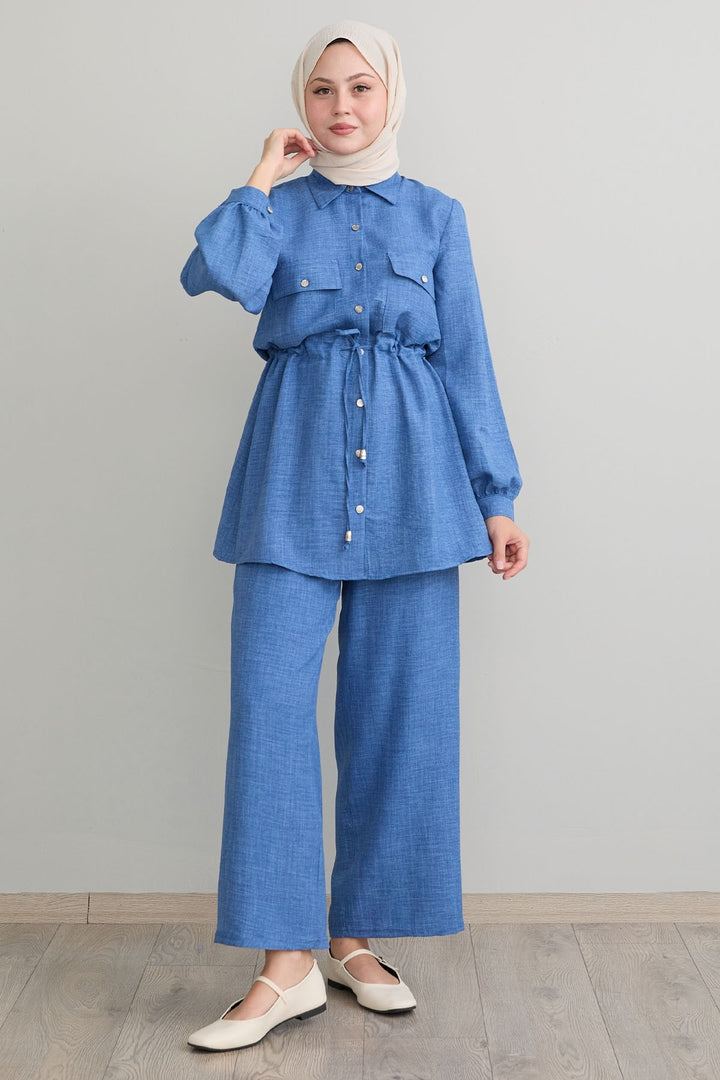 MDS Women Tunnel Arched Blue Linen Suit - Hutchinson