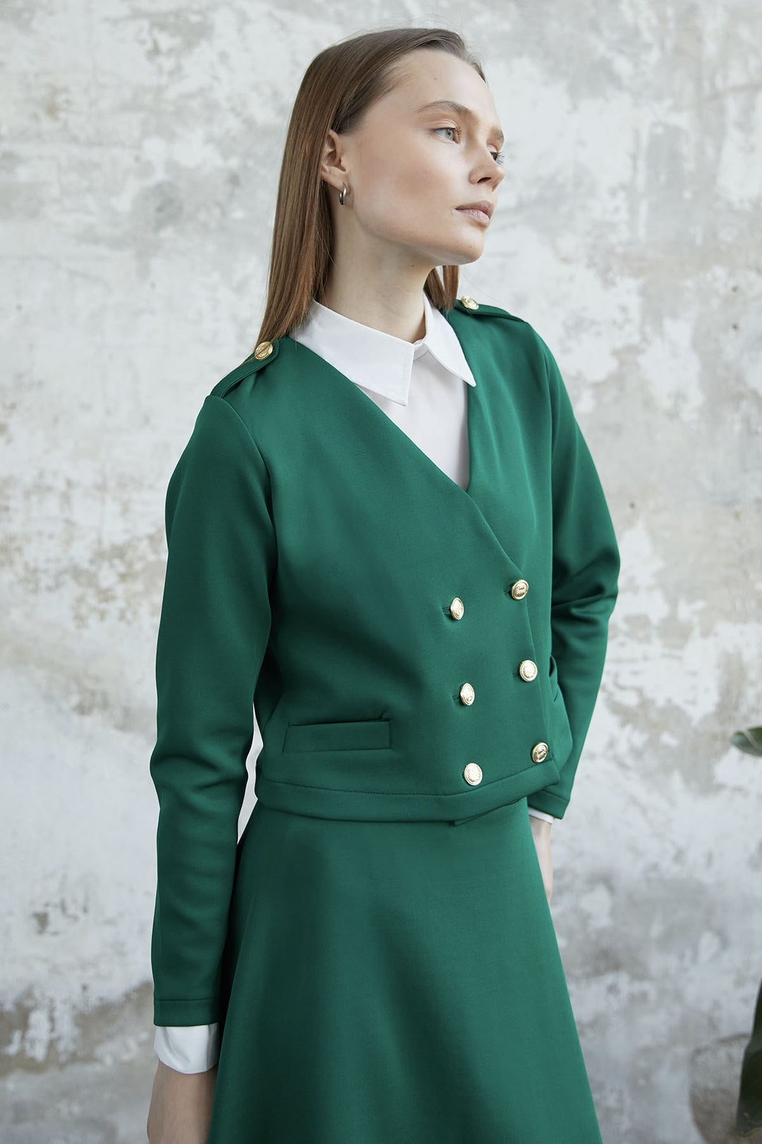 MDS Women Skirted Buttoned Jacket Scuba Suit - Green - Columbia