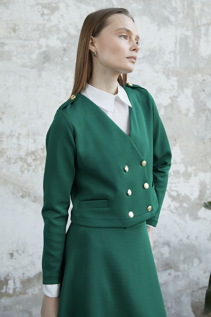 MDS Women Skirted Buttoned Jacket Scuba Suit - Green - Columbia