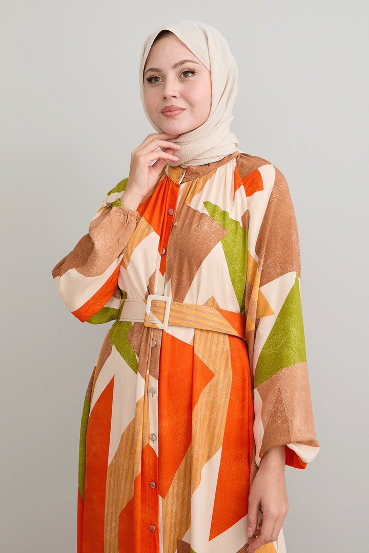 MDS Women Geometric Patterned Belted Orange Viscose Dress - Heroica Matamoros
