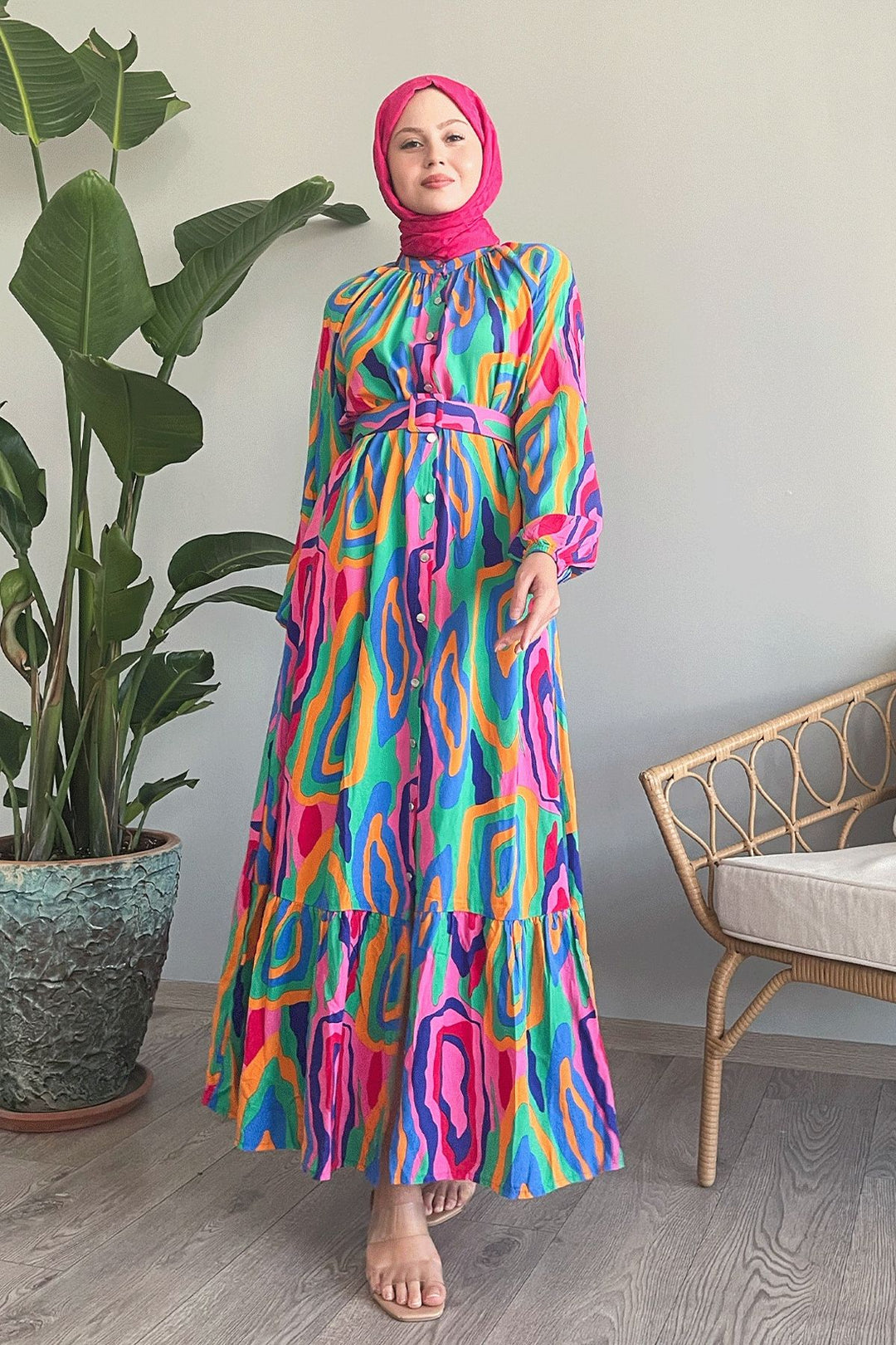 MDS Women Pink Viscose Dress with Oval Striped Belt - Matías Romero
