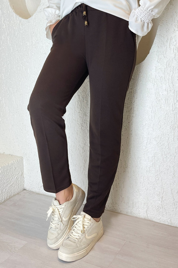 MDS Women Elastic Waist Lycra Double Fabric Pants - Dark Brown - Garland
