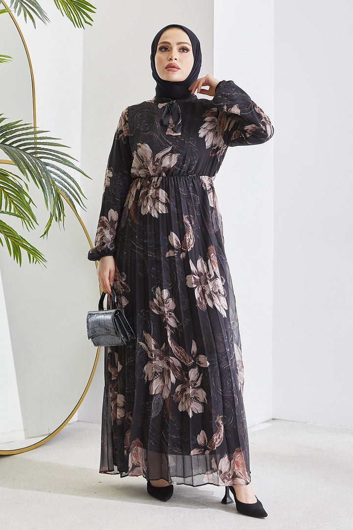 MDS Women Serena Flower Pattern Pleated Chiffon Dress - Black - Fondi