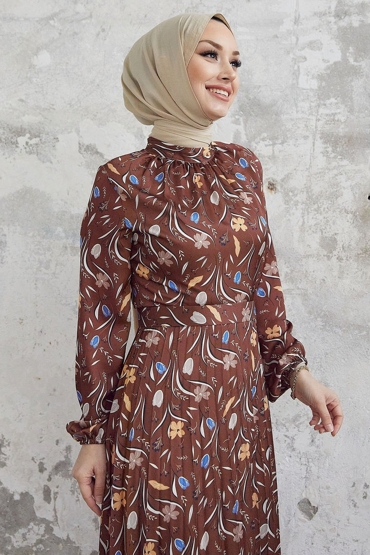 MDS Women Seba Flower Patterned Satin Dress with Ruffle - Dark Brown - Lincoln