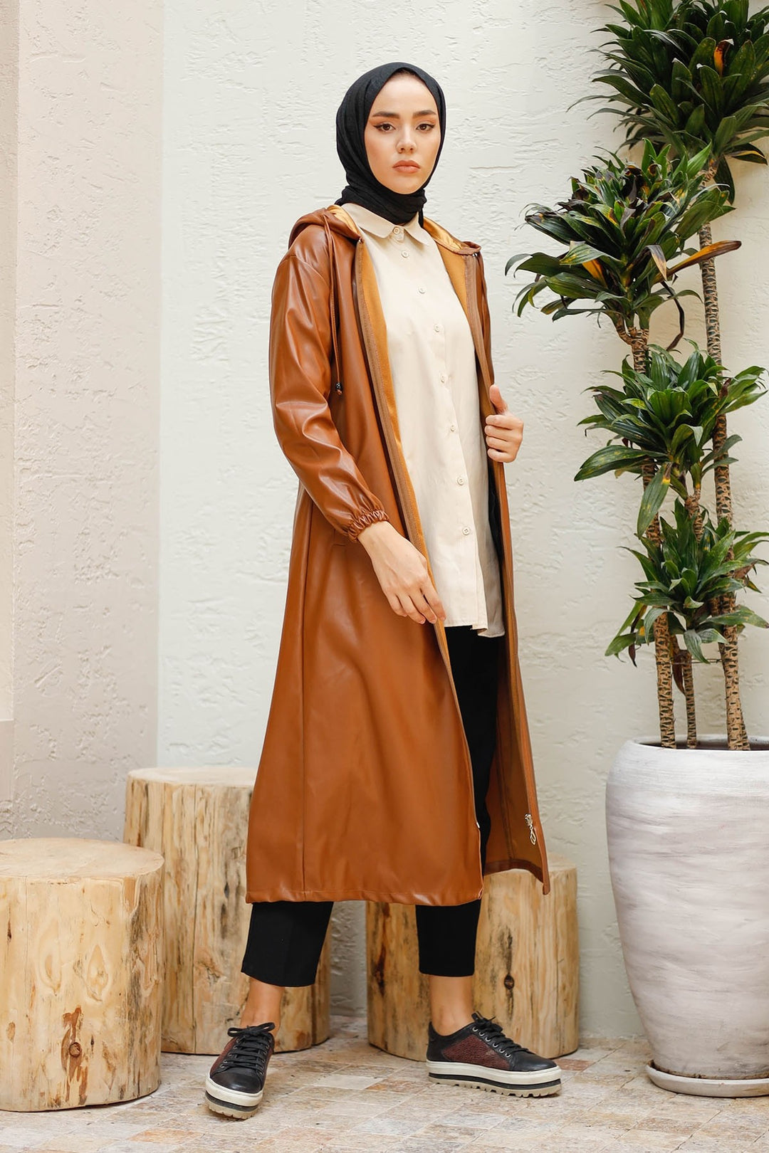 MDS Women Hooded Long Leather Coat - Tan - Olot