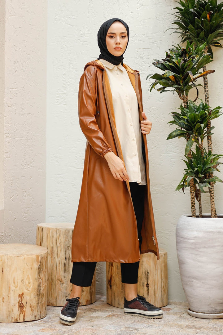MDS Women Hooded Long Leather Coat - Tan - Olot