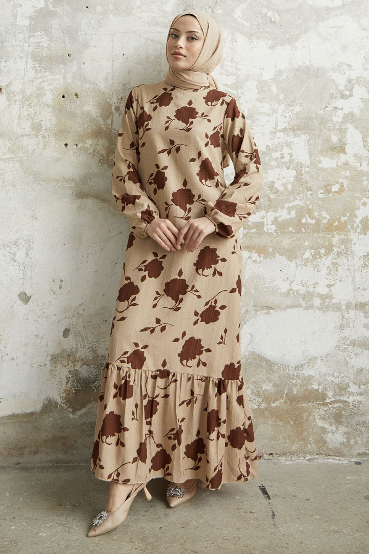 MDS Women Large Flower Pattern Dress - Brown - Dunkerque