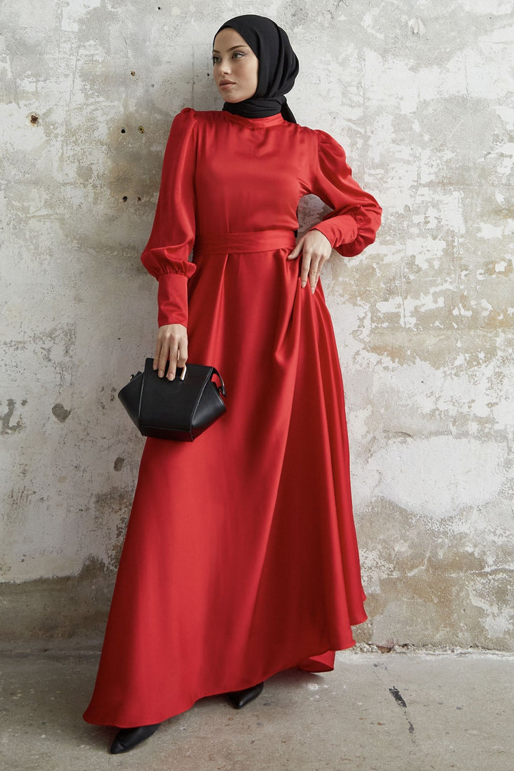 MDS Women Satin Dress with Sleeve Zipper - Red - Milwaukee