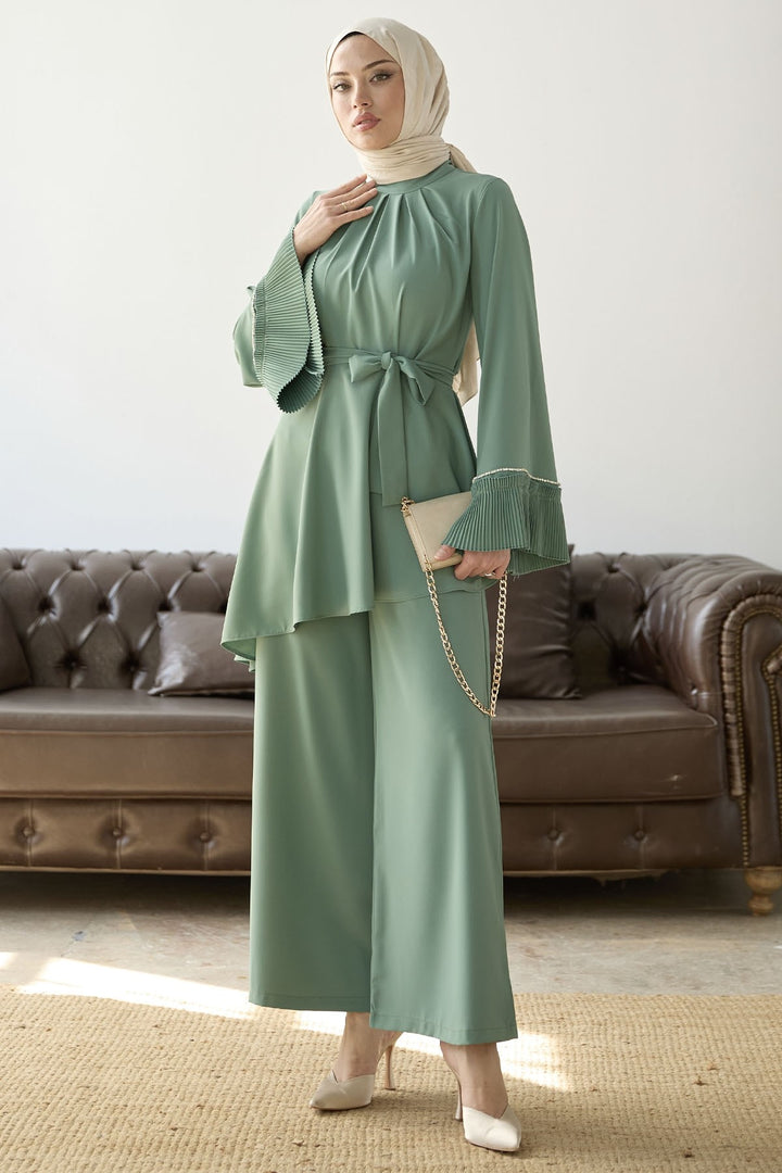 MDS Women Armhole Padded Belted Two Piece Set - Mint - Denver
