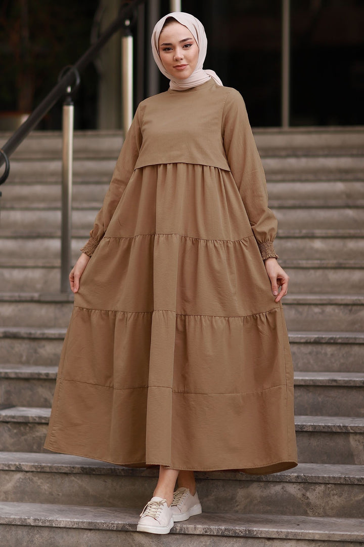 MDS Women Single Layer Detail Loose Dress - Tan - Hameln
