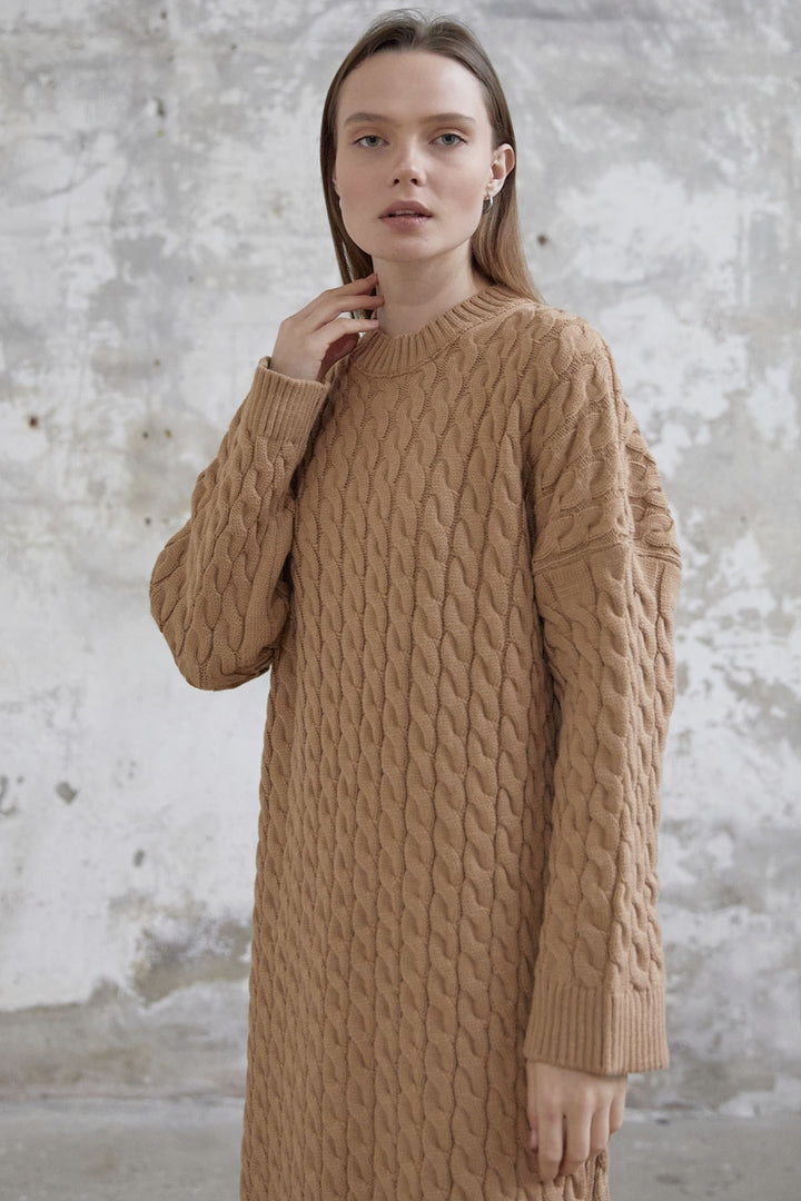 MDS Women Everly Knitted Patterned Sweater Dress - Camel - Arcadia