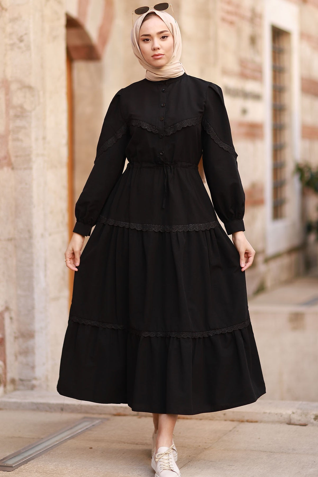 MDS Women Guipure Detail Balloon Sleeve Dress - Black - Battipaglia