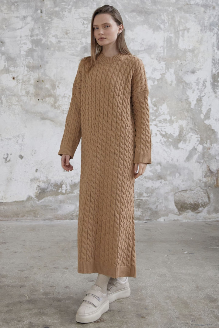 MDS Women Everly Knitted Patterned Sweater Dress - Camel - Arcadia
