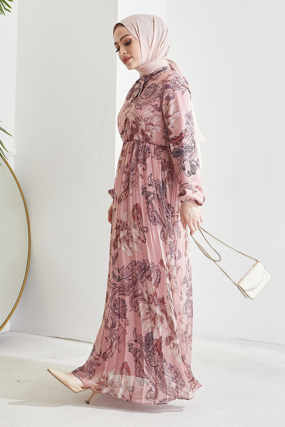 MDS Women Serena Flower Pattern Pleated Chiffon Dress - Rose Pink - Toulouse
